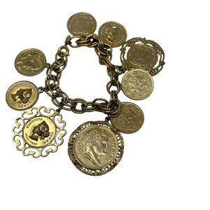 Vintage Benedikt NY Charm Bracelet Napoleon and Queen Victoria Coin Medallions